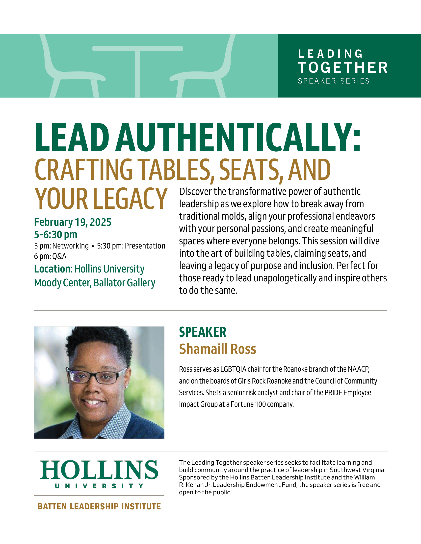 Informational flyer with green and gold letters and a headshot of the speaker who has brown skin and afro textured hair.